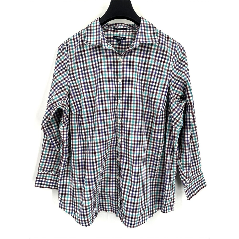 Lands' End Women's Plus Size 22W Button Down Shirt Multi Color Gingham Supima